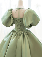 Green Satin Puffy Sleeves Long Formal Dress Outfits For Girls, Green Satin Prom Dress Outfits For Women Party Dress
