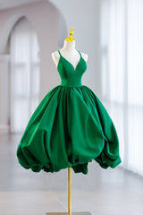 Green Satin Short A-Line Prom Dress Outfits For Girls, Green V-Neck Party Dress