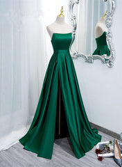 Green Satin Simple Long Party Dress Outfits For Women with Leg Slit, Green A-ine Junior Prom Dress