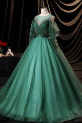 Green Scoop Neckline Tulle Formal Evening Dress Outfits For Girls, A-Line Long Sleeve Prom Dress