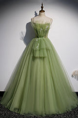 Green Scoop Tulle Floor Length Prom Dress Outfits For Girls, A-Line Green Formal Dress
