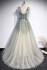 Green Shiny Tulle Long Formal Evening Dress Outfits For Girls, A-Line Graduation Dress