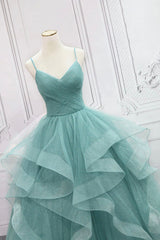Green Spaghetti Strap Long Prom Dress Outfits For Girls, Green V-Neck Tulle Evening Dress