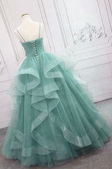 Green Spaghetti Strap Long Prom Dress Outfits For Girls, Green V-Neck Tulle Evening Dress