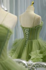 Green Spaghetti Straps Tulle Layers Long Formal Dress Outfits For Girls, Green Evening Party Dress