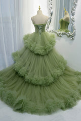 Green Spaghetti Straps Tulle Layers Long Formal Dress Outfits For Girls, Green Evening Party Dress