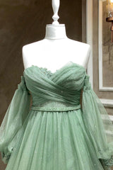 Green Strapless Tulle Long Sleeve Prom Dress Outfits For Girls, Green A-Line Evening Party Dress