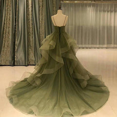 Green Straps Sweetheart Tulle Long Evening Dress Outfits For Girls, Green Layers Tulle Prom Dress