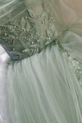 Green Sweetheart Beaded Tulle Long Prom Dress Outfits For Girls, Green Evening Dress