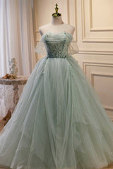 Green Sweetheart Beaded Tulle Long Prom Dress Outfits For Girls, Green Evening Dress