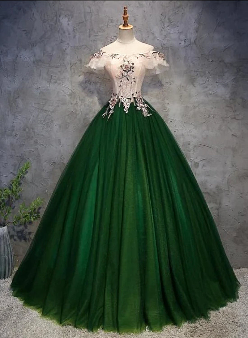 Green Tulle Ball Gown with Lace Off Shoulder Sweet 16 Dress Outfits For Girls, Ball Gown Party Dress Outfits For Women Formal Dress