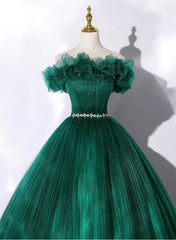 Green Tulle Beaded Waist Ball Gown Sweet 16 Dress Outfits For Girls, Off Shoulder Green Prom Dress