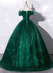 Green Tulle Beaded Waist Ball Gown Sweet 16 Dress Outfits For Girls, Off Shoulder Green Prom Dress