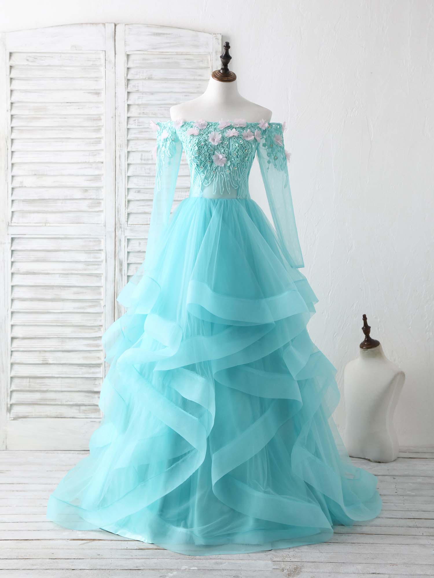 Green Tulle Lace Applique Long Prom Dress Outfits For Women Green Graduation Dresses