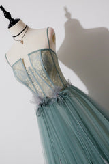 Green Tulle Lace Long A-Line Prom Dress Outfits For Girls, Spaghetti Strap Evening Dress