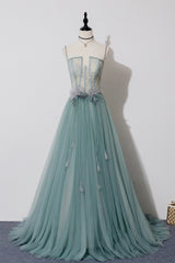 Green Tulle Lace Long A-Line Prom Dress Outfits For Girls, Spaghetti Strap Evening Dress