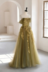 Green Tulle Lace Long Prom Dress Outfits For Girls, A-Line Off the Shoulder Evening Dress