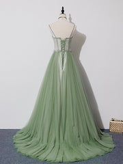 Green Tulle Lace Long Prom Dress Outfits For Girls, Green Tulle Long Formal Graduation Dress