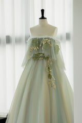 Green Tulle Lace Long Prom Dress Outfits For Girls, Off Shoulder Evening Formal Dress