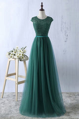 Green tulle lace top round neck long evening Dresses For Black girls ,simple formal dress