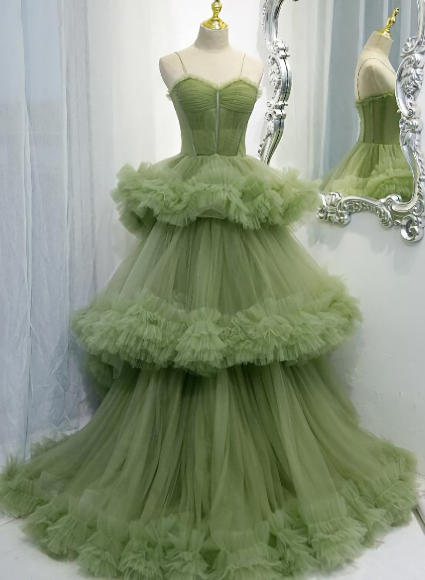 Green Tulle Layers Straps Sweetheart Long Evening Dress Outfits For Women Party Dress Outfits For Girls, Green Formal Dress