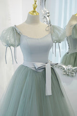 Green Tulle Long A-Line Prom Dress Outfits For Girls, Cute Short Sleeve Graduation Dress
