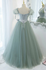Green Tulle Long A-Line Prom Dress Outfits For Girls, Cute Short Sleeve Graduation Dress