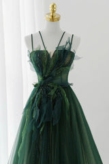 Green Tulle Long A-Line Prom Dress Outfits For Girls, Spaghetti Straps Evening Dress
