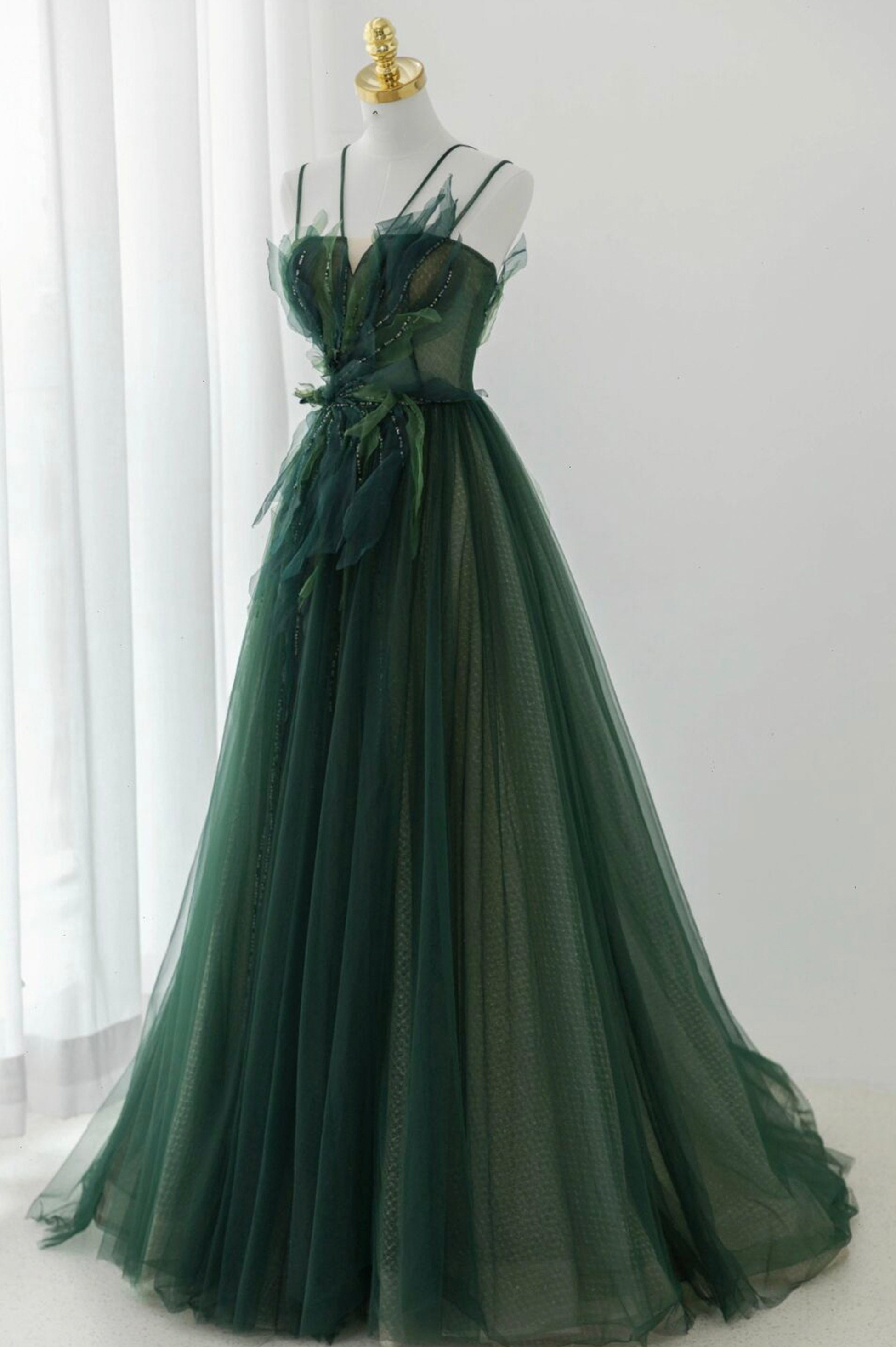 Green Tulle Long A-Line Prom Dress Outfits For Girls, Spaghetti Straps Evening Dress