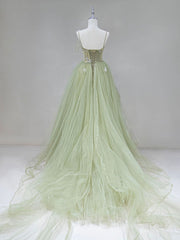 Green Tulle Long Prom Dress Outfits For Girls, A-Line Green Formal Long Evening Dress