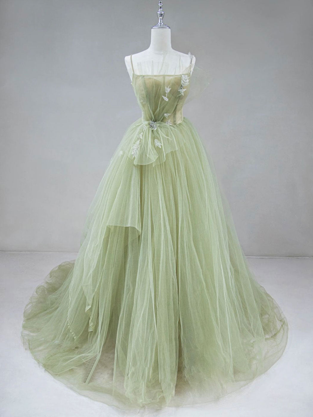 Green Tulle Long Prom Dress Outfits For Girls, A-Line Green Formal Long Evening Dress