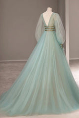 Green Tulle Long Prom Dress Outfits For Women with Sequins, Green Long Sleeve Evening Party Dress