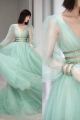 Green Tulle Long Prom Dress Outfits For Women with Sequins, Green Long Sleeve Evening Party Dress