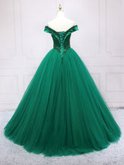 Green Tulle Off Shoulder Tulle Beads Long Prom Dress Outfits For Girls, Green Formal Graduation Dresses