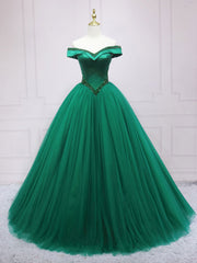 Green Tulle Off Shoulder Tulle Beads Long Prom Dress Outfits For Girls, Green Formal Graduation Dresses