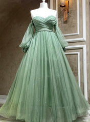 Green Tulle Puffy Sleeves A-line Formal Dresses For Black girls For Women, Green Long Evening Gown