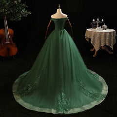 Green Tulle with Lace Applique Long Prom Dress Outfits For Girls, Green Sweet 16 Dresses