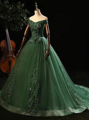 Green Tulle with Lace Applique Long Prom Dress Outfits For Girls, Green Sweet 16 Dresses