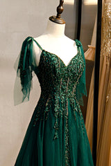 Green V-Neck Lace Long Prom Dress Outfits For Girls, A-Line Spaghetti Straps Evening Dress