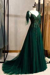 Green V-Neck Lace Long Prom Dress Outfits For Girls, A-Line Spaghetti Straps Evening Dress