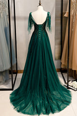 Green V-Neck Lace Long Prom Dress Outfits For Girls, A-Line Spaghetti Straps Evening Dress