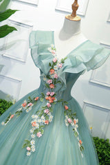 Green V-Neck Tulle Long A-Line Prom Dress Outfits For Girls, A-Line Evening Formal Gown