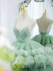 Green V Neck Tulle Long Prom Dresses For Black girls For Women, Ball Gown Green Sweet 16 Dresses
