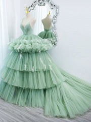 Green V Neck Tulle Long Prom Dresses For Black girls For Women, Ball Gown Green Sweet 16 Dresses