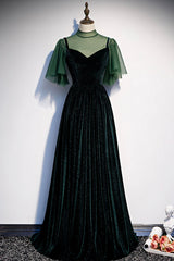 Green Velvet Long A-Line Prom Dress Outfits For Girls, Green Formal Evening Dress