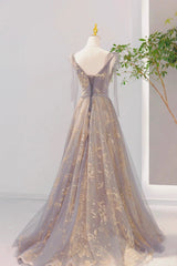 Grey V-Neck Sequins Long Formal Dress Outfits For Girls, Grey Tulle Prom Dress