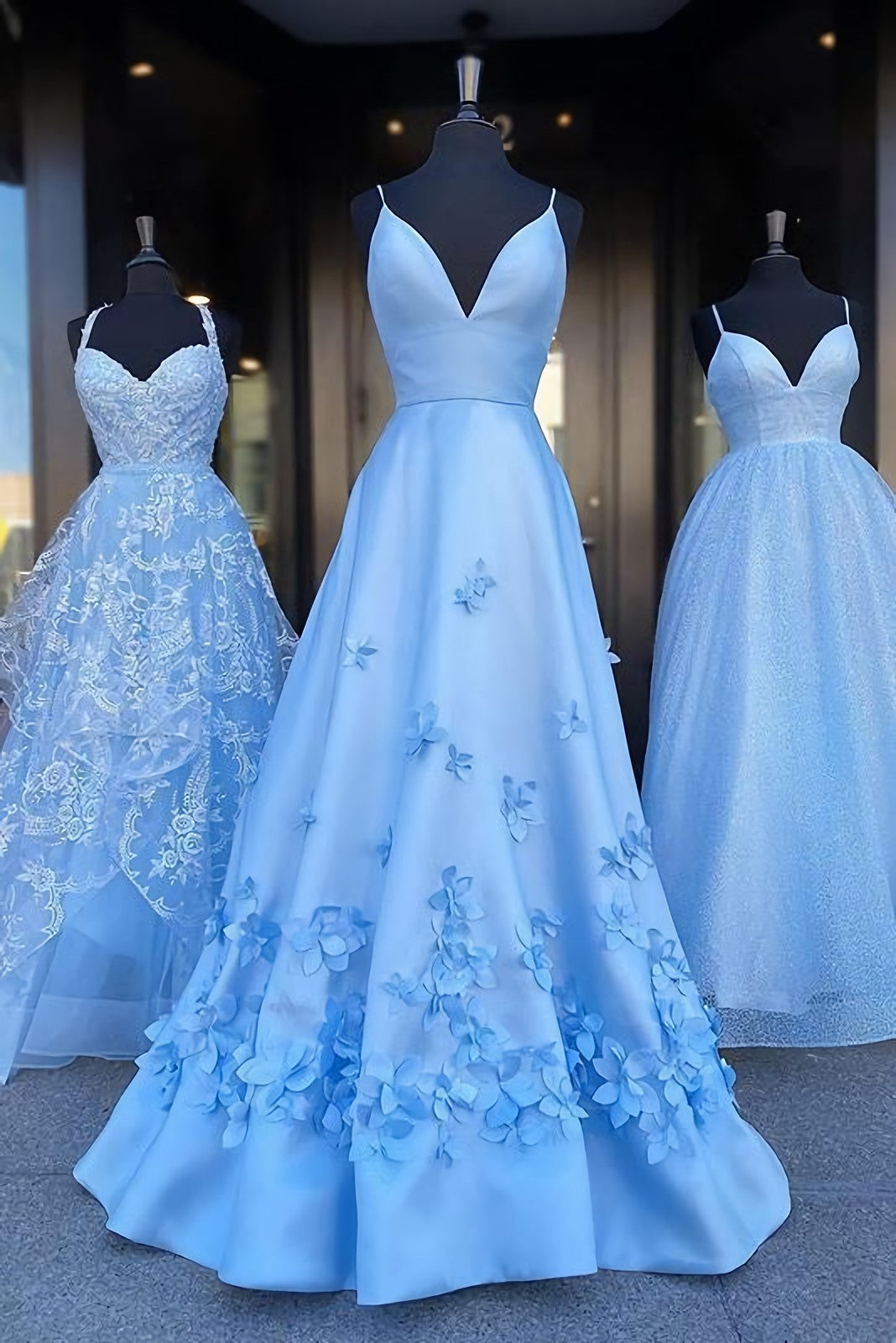 Charming Blue Spaghetti Straps V Neck Flowers Long Prom Dresses, Satin Unique Formal Dresses