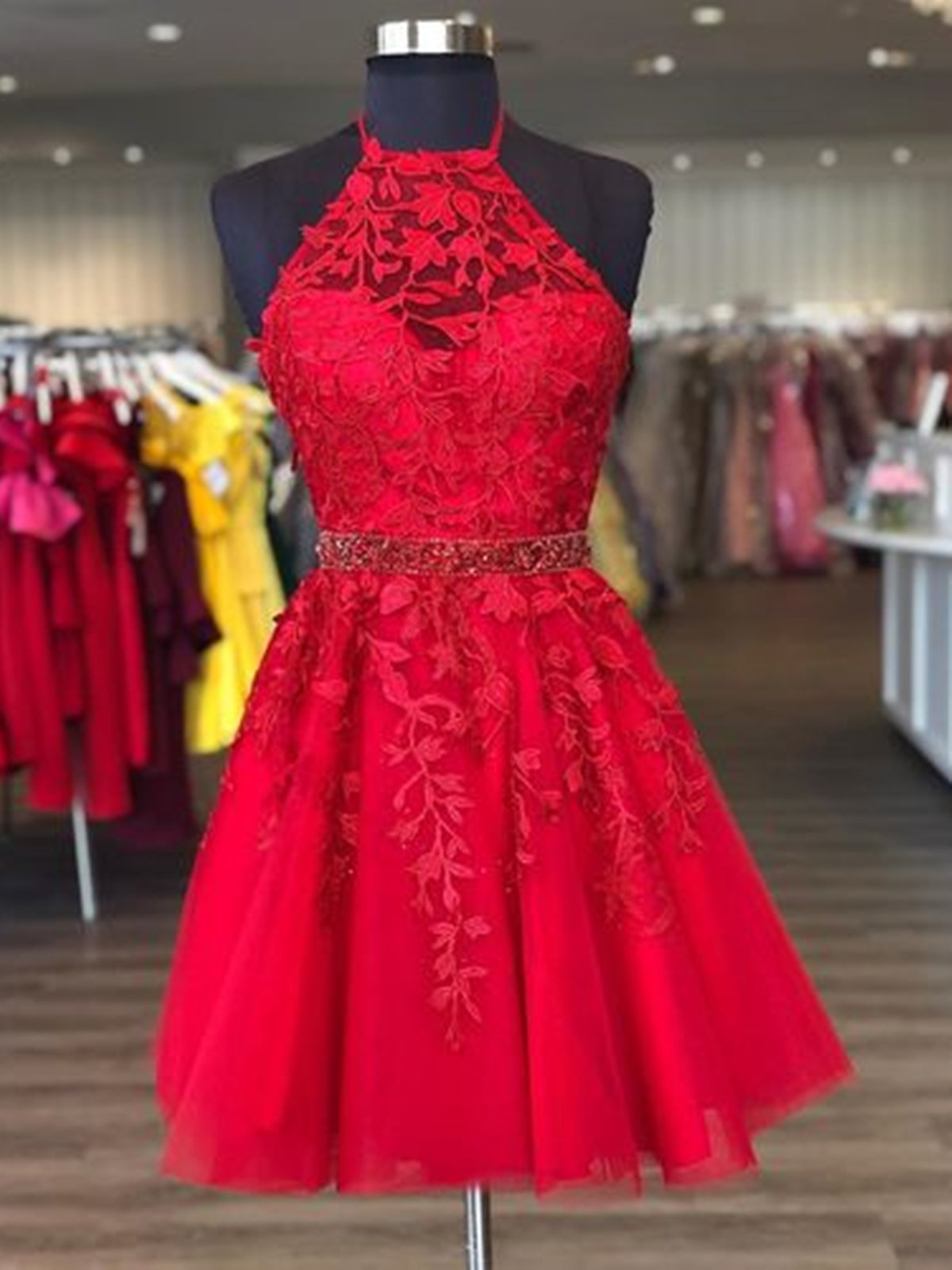 Halter Neck Short Red Lace Prom Dresses For Black girls For Women, Short Red Lace Formal Homecoming Dresses