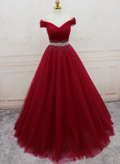 Handmade A-line Prom Dress Outfits For Women , Off Shoulder Wine Red Party Dress