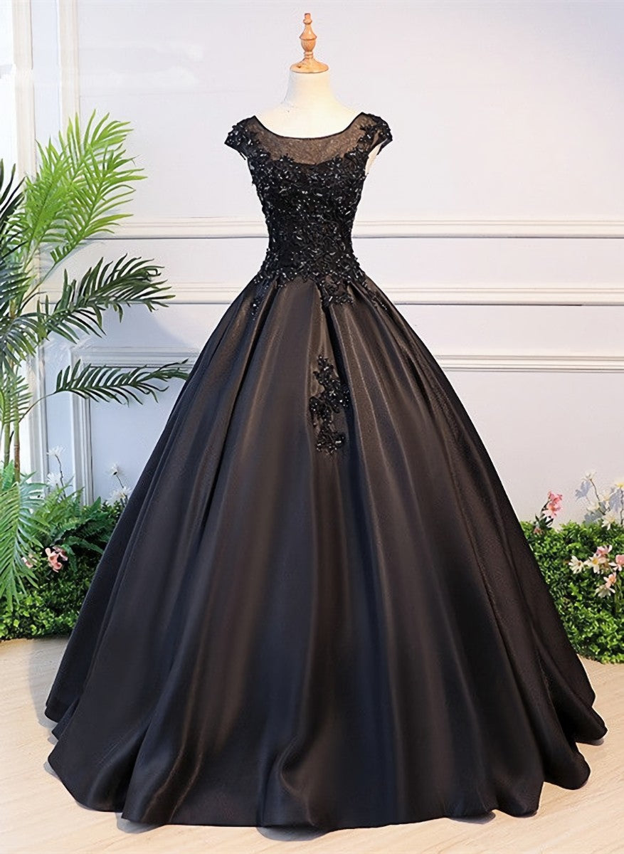 High Quality Black Satin Long Party Dress Outfits For Girls, Black Evening Gown